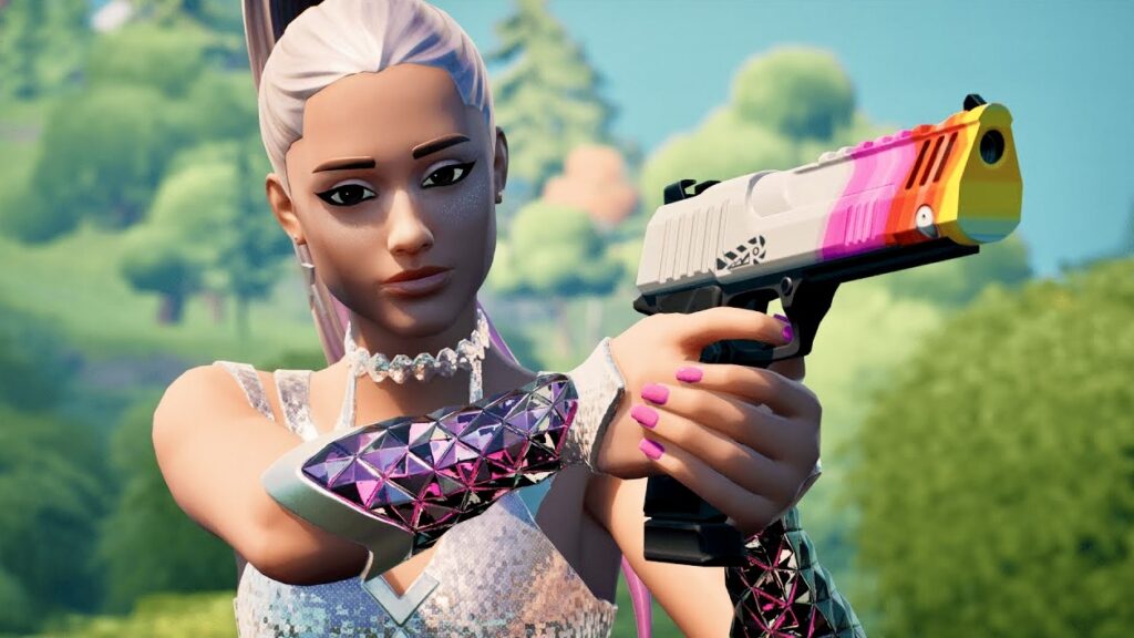 Ariana Grande Fortnite skin holding a gun. 