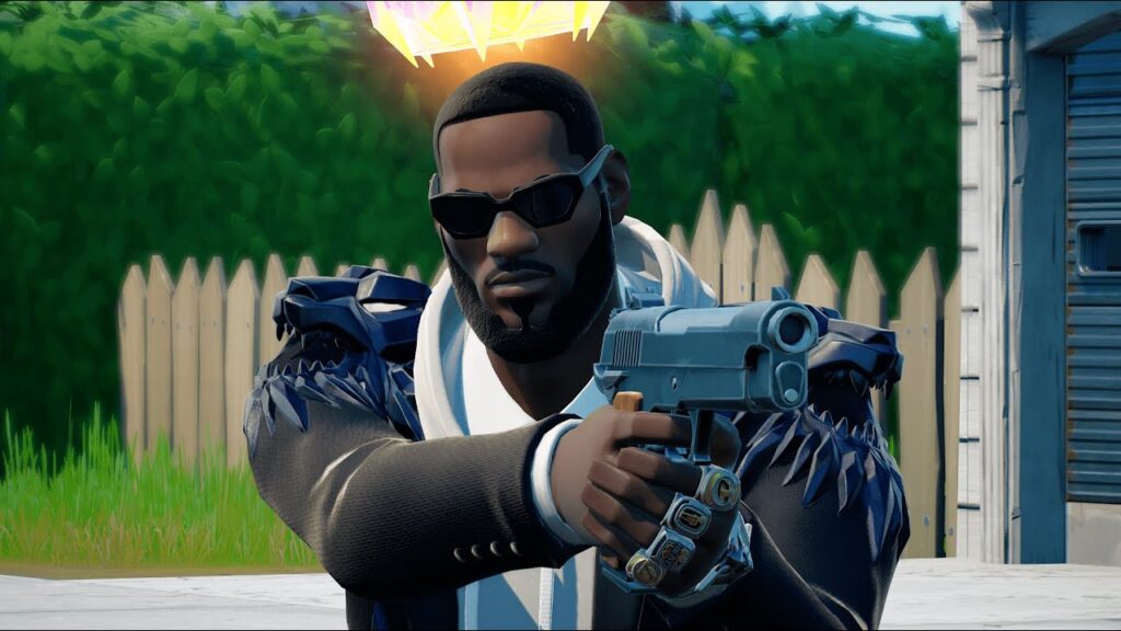 LeBron James Fortnite skin holding a gun. 