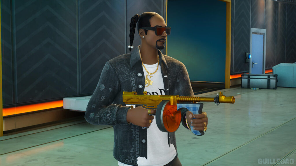 Snoop Dogg Fortnite skin holding a gun. 