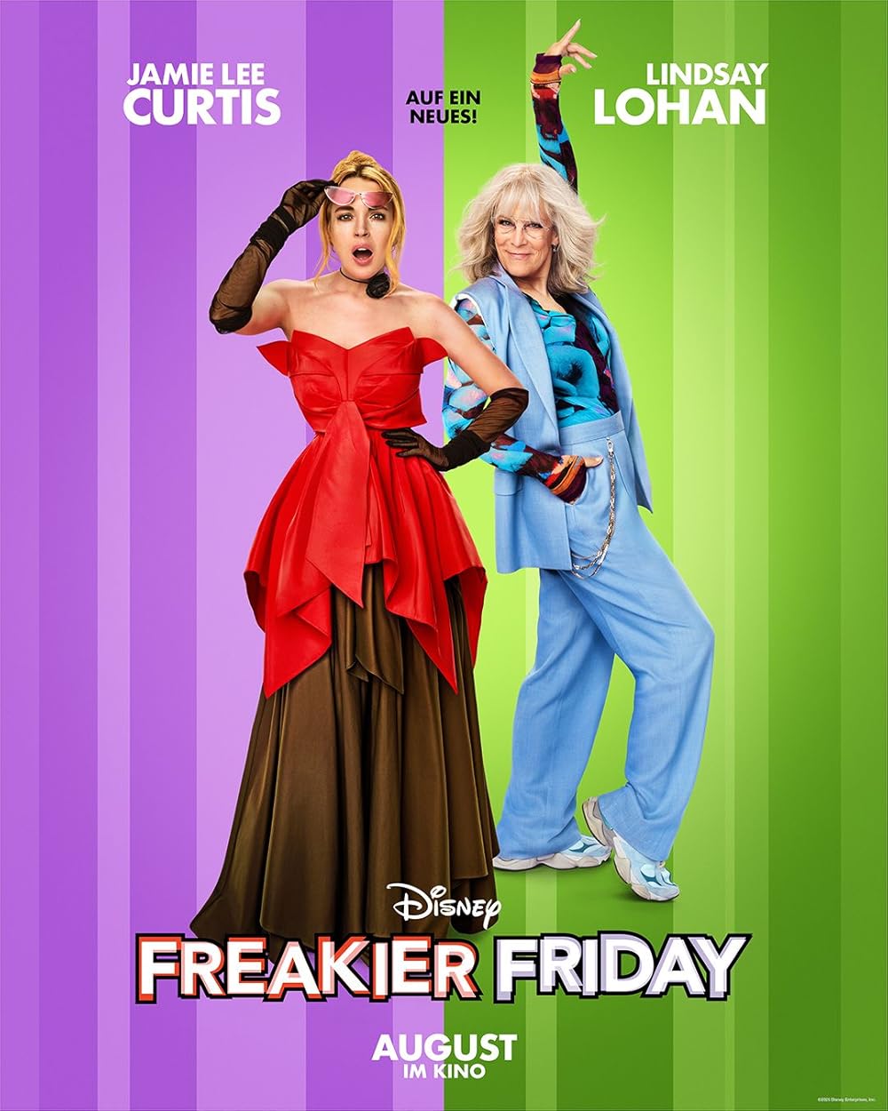 Freakier Friday poster. Lindsay Lohan standing to the left with one hand on head and other onhip. Jamie Lee Curtis on right, with one arm up in the air and closest arm to Lindsay Lohan on hip