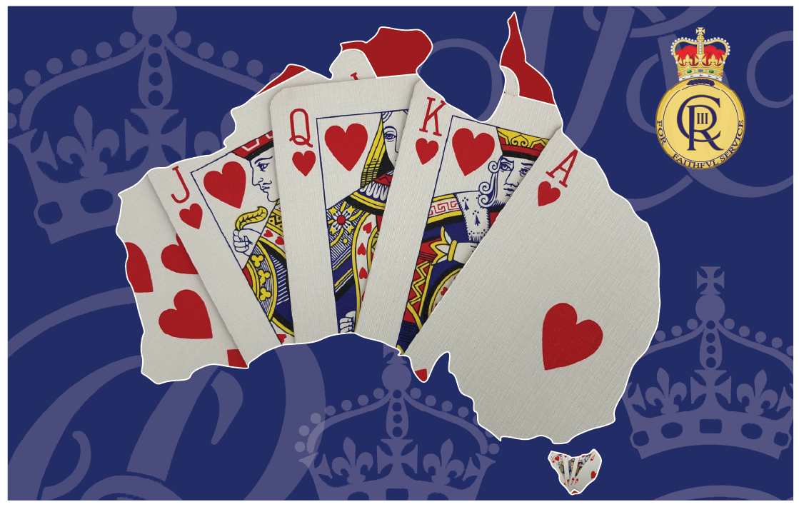Australia map with playing card montage. Designed by J. Abel incorporating images of a Royal badge and the Queen Camilla Cypher from Wikimedia Commons.