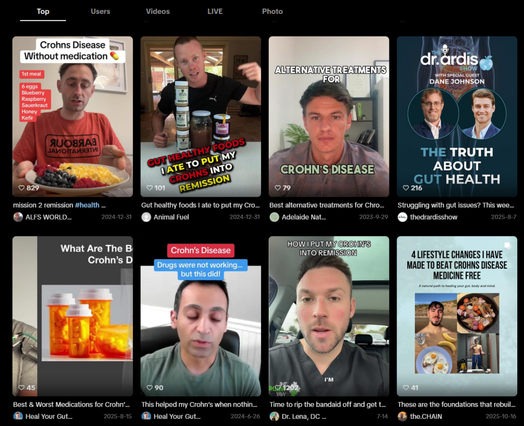 A screenshot from TikTok showing a number of videos about Crohn's Disease. Many claim to be able to cure in incurable condition.