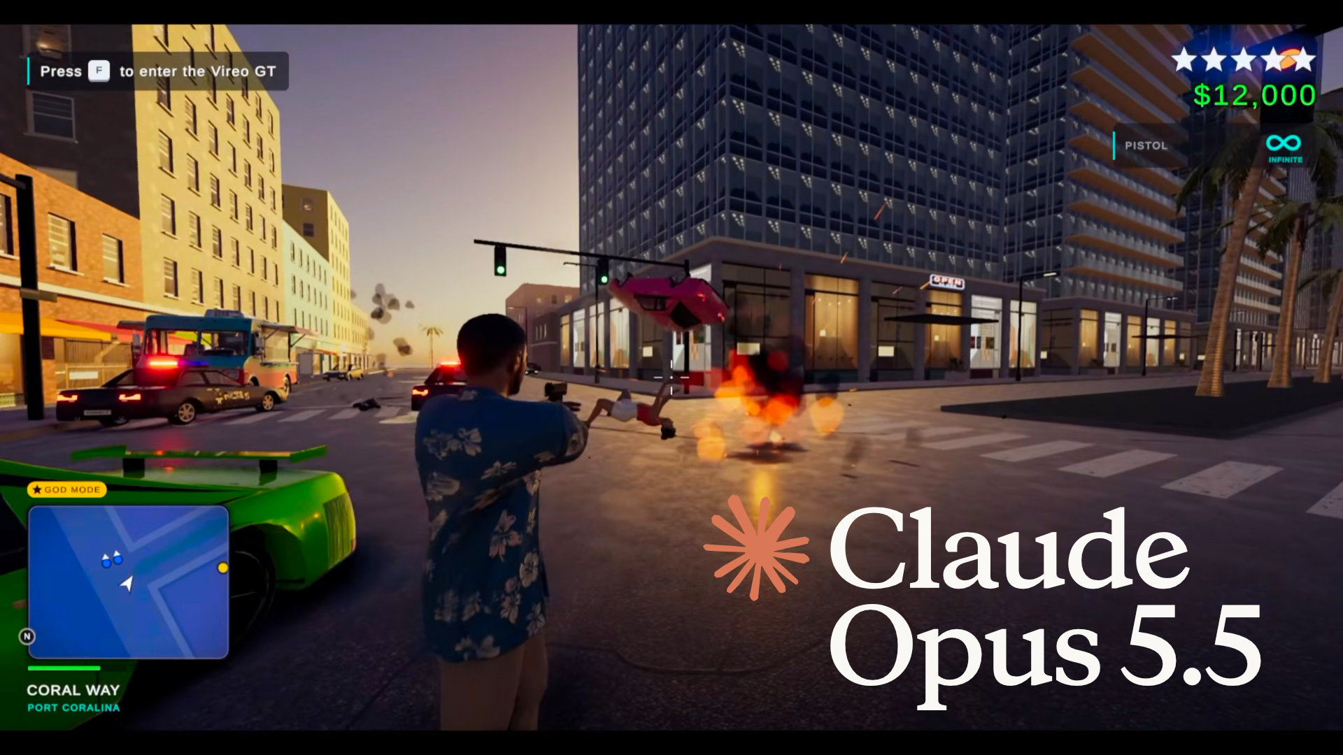 AI-generated Grand Theft Auto videogame screenshot with Claude Opus 5.5 logo overlaid.