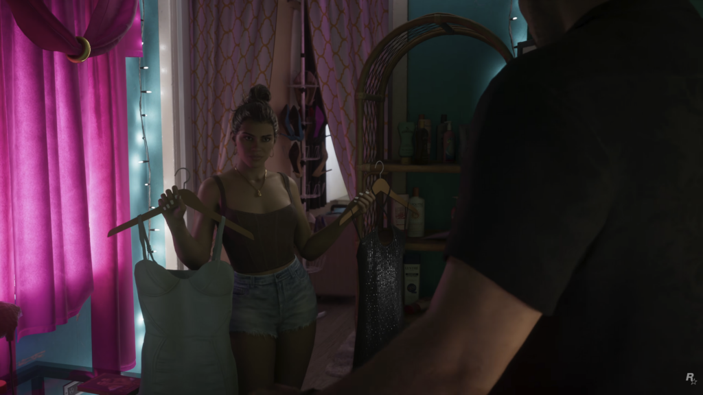 Jason choosing clothes for Lucia, a specific action which some have pointed out as woke.