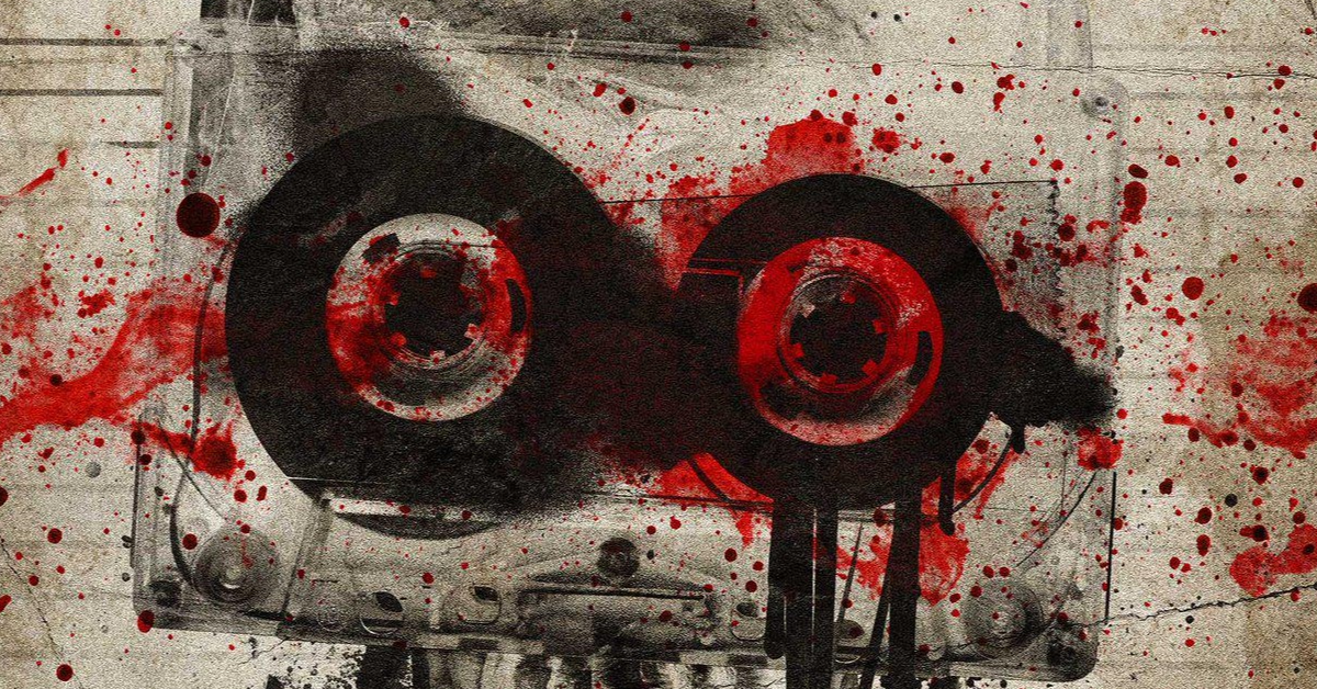 Blood-splattered cassette tape reels resembling eyes, from the V/H/S/Mixtape poster.